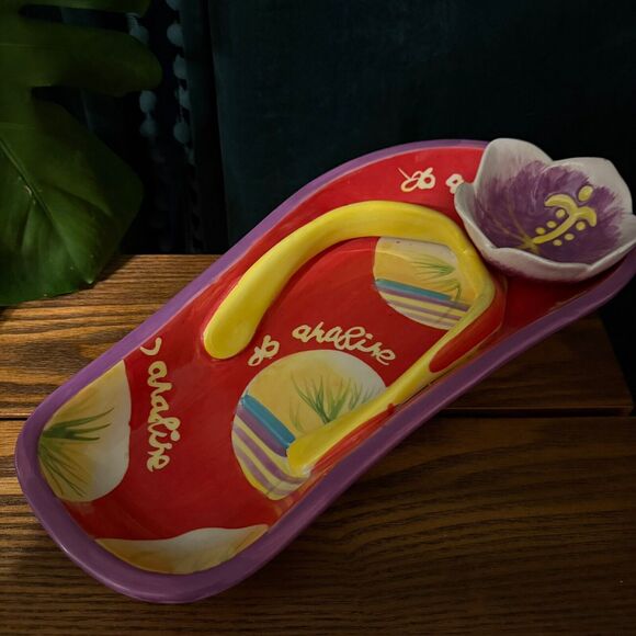 Serving Dish  Dennis East Flip Flop Chip &Dip Serving Dish Flower Design Ceramic - Picture 1 of 3